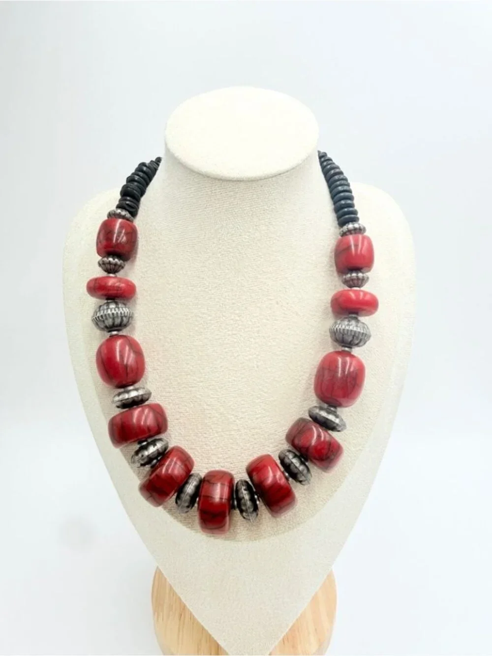 Vintage Red Marbled Statement Necklace with Black Wood & Silver Tone Beads